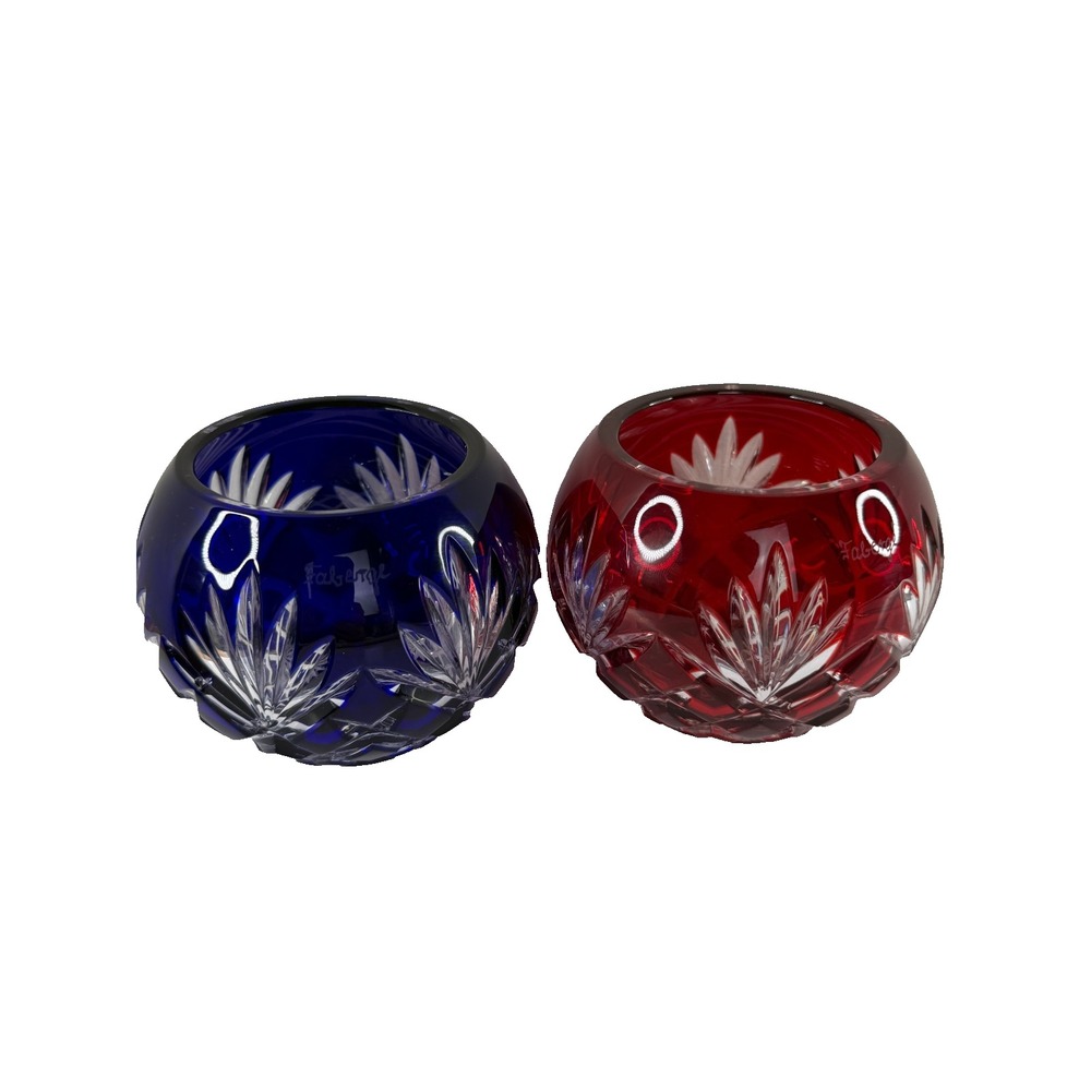 Faberge Crystal Votive Candle Holders Ruby Red Cobalt Blue Cut Clear Signed Pair